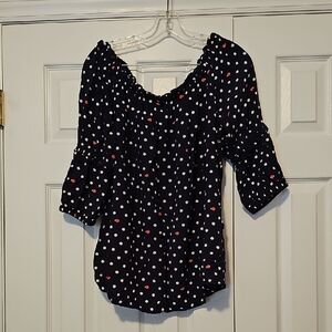 Crown & Ivy Navy Blouse with Red and White Dots